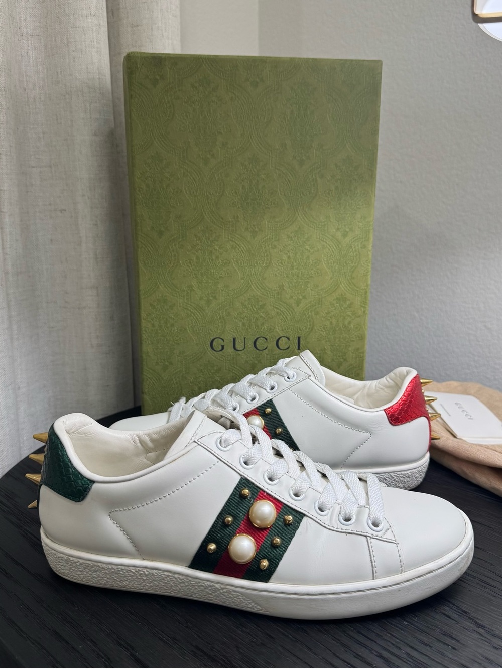 Gucci Ace Web Stripe Pearl Spike Sneakers Leather White 36